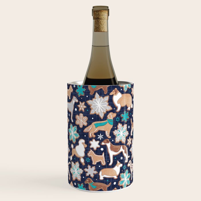 Catching ice and sweetness // navy blue background gingerbread white brown grey and dogs and snowflakes turquoise details Wine Chiller Gallery Image 3