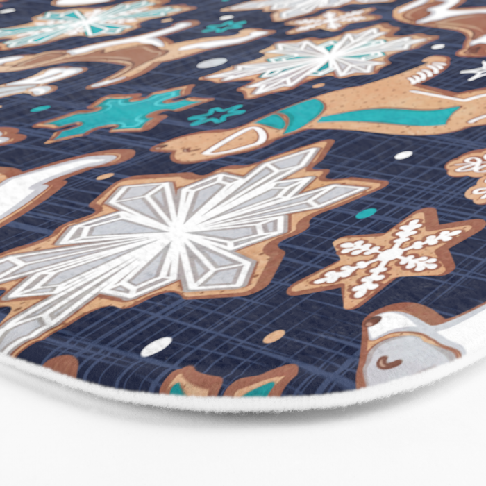 Catching ice and sweetness // navy blue background gingerbread white brown grey and dogs and snowflakes turquoise details Bath Mat Gallery Image 3