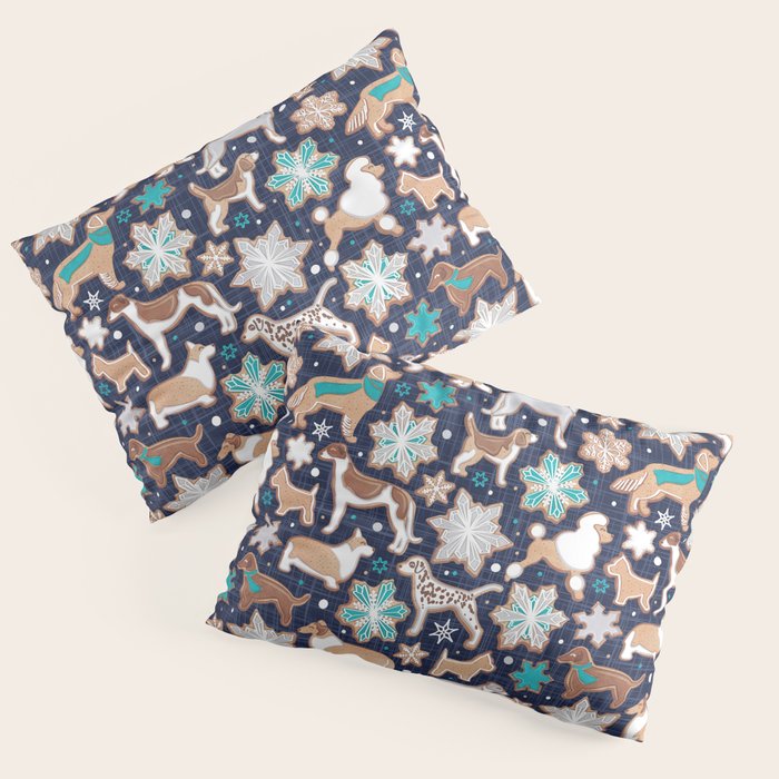 Catching ice and sweetness // navy blue background gingerbread white brown grey and dogs and snowflakes turquoise details Pillow Sham Gallery Image 1