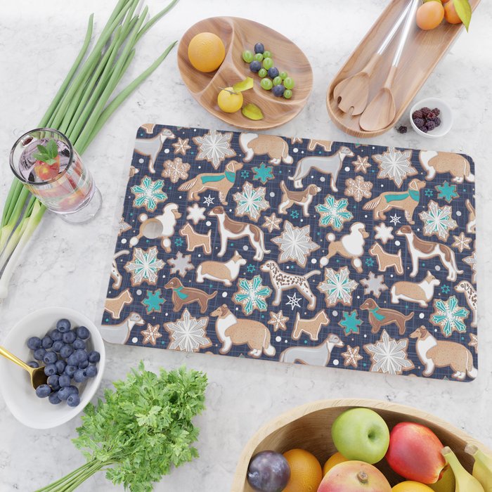 Catching ice and sweetness // navy blue background gingerbread white brown grey and dogs and snowflakes turquoise details Cutting Board Gallery Image 2