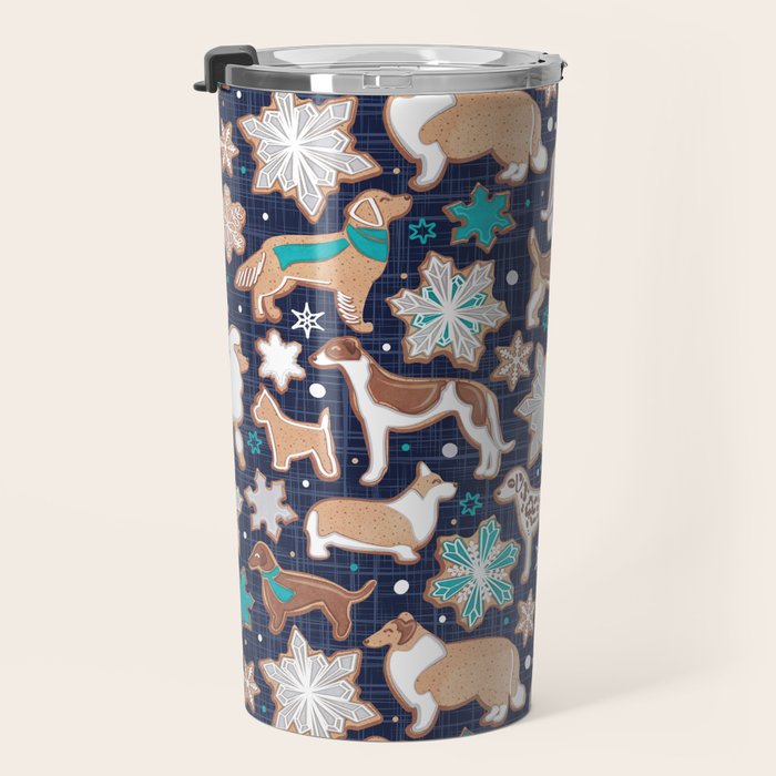 Catching ice and sweetness // navy blue background gingerbread white brown grey and dogs and snowflakes turquoise details Travel Mug Gallery Image 3