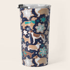 Catching ice and sweetness // navy blue background gingerbread white brown grey and dogs and snowflakes turquoise details Travel Mug Gallery Image 3