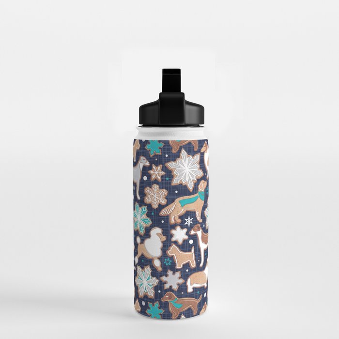 Catching ice and sweetness // navy blue background gingerbread white brown grey and dogs and snowflakes turquoise details Water Bottle Gallery Image 2