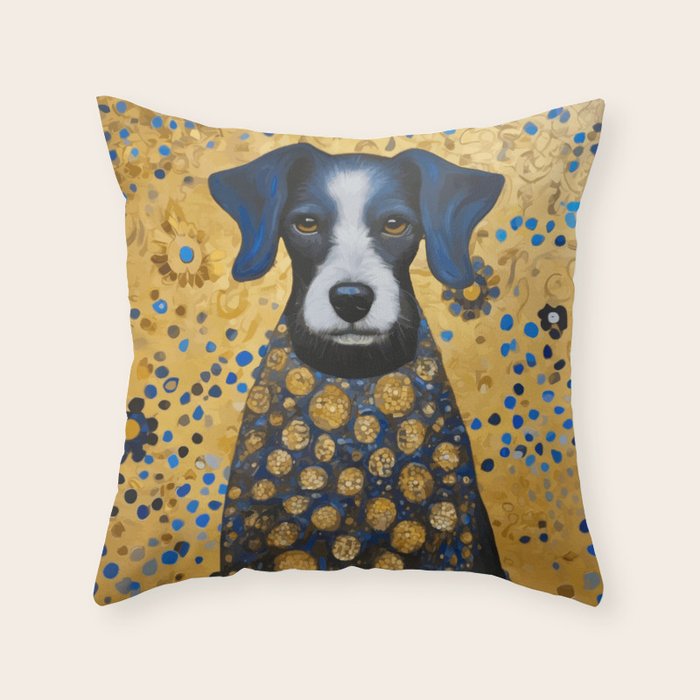 Gustav Klimt Style Dog with Blue and Gold Floral Patterns Throw Pillow Gallery Image 6