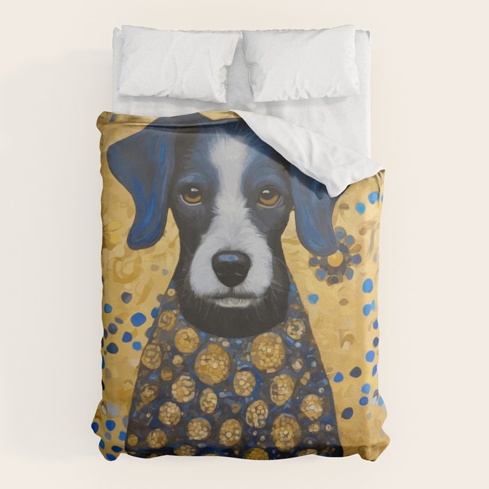 Gustav Klimt Style Dog with Blue and Gold Floral Patterns Duvet Cover Gallery Image 1