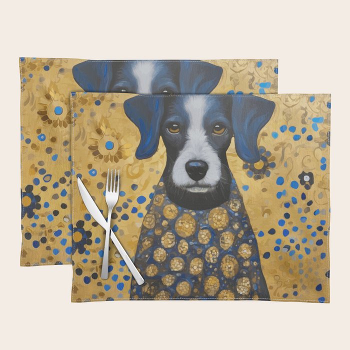 Gustav Klimt Style Dog with Blue and Gold Floral Patterns Placemat Gallery Image 1