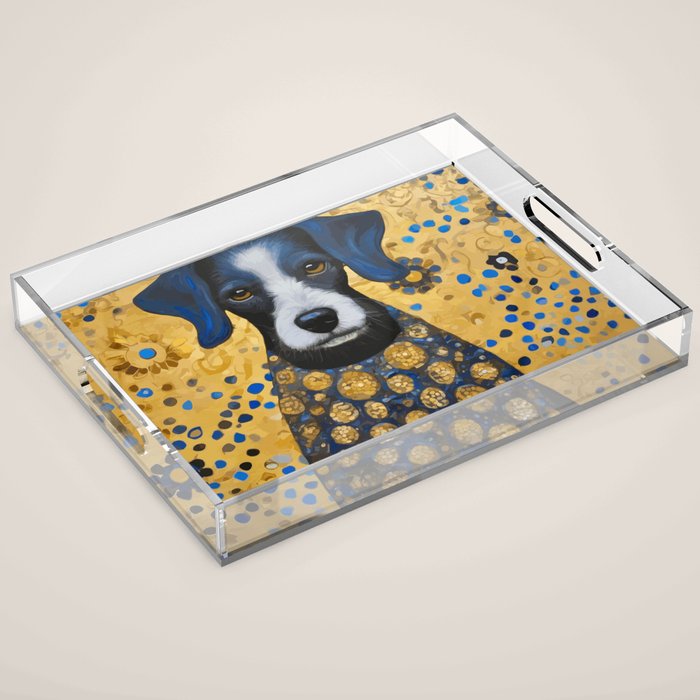 Gustav Klimt Style Dog with Blue and Gold Floral Patterns Acrylic Tray Gallery Image 1