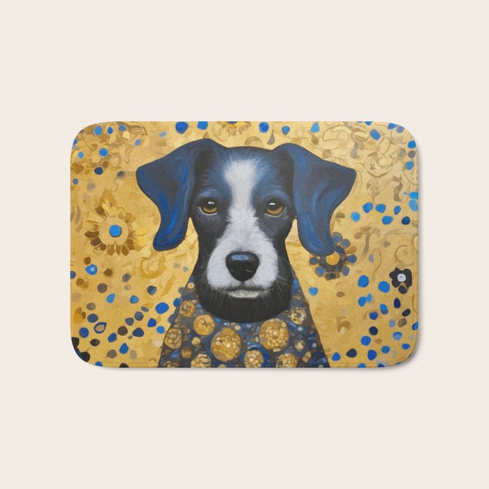 Gustav Klimt Style Dog with Blue and Gold Floral Patterns Bath Mat Gallery Image 1