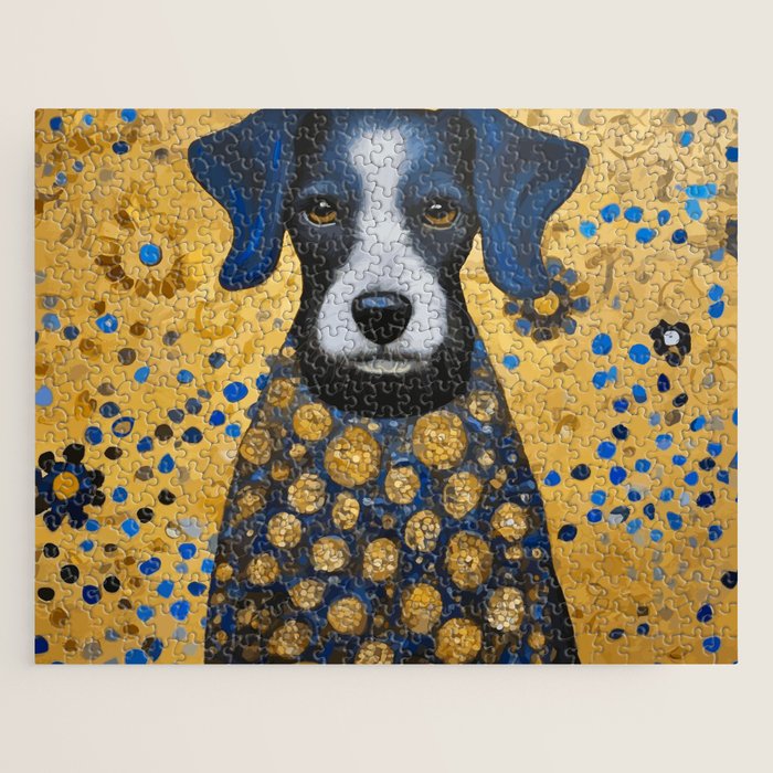 Gustav Klimt Style Dog with Blue and Gold Floral Patterns Jigsaw Puzzle Gallery Image 1