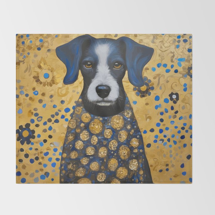 Gustav Klimt Style Dog with Blue and Gold Floral Patterns Throw Blanket Gallery Image 2