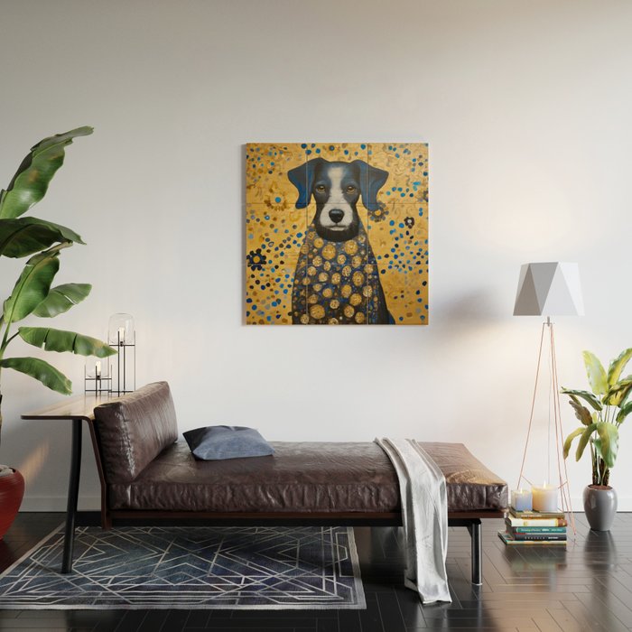 Gustav Klimt Style Dog with Blue and Gold Floral Patterns Wood Wall Art Gallery Image 2