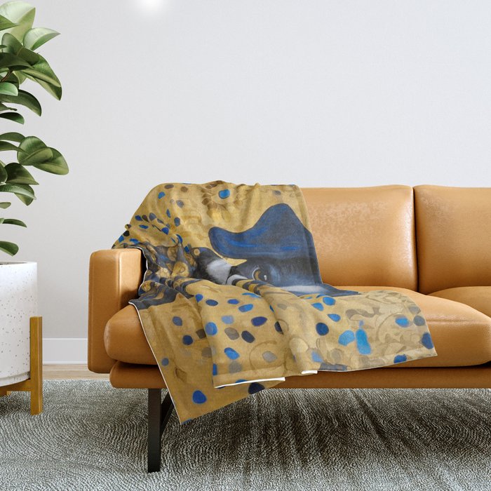 Gustav Klimt Style Dog with Blue and Gold Floral Patterns Throw Blanket Gallery Image 1