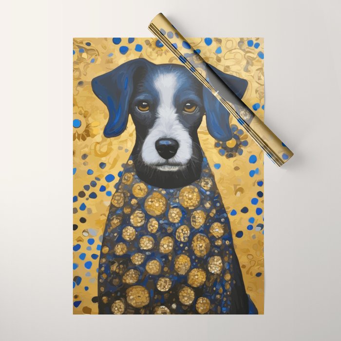 Gustav Klimt Style Dog with Blue and Gold Floral Patterns Wrapping Paper Gallery Image 1