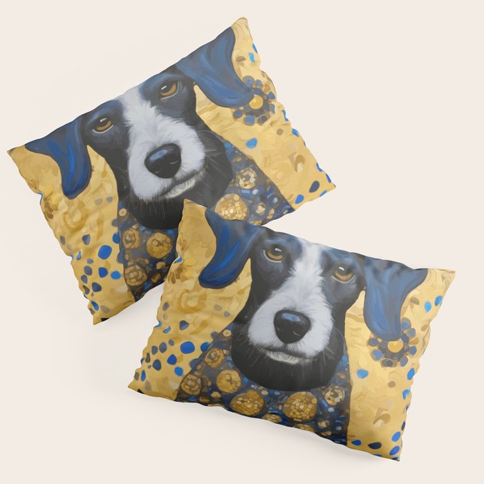 Gustav Klimt Style Dog with Blue and Gold Floral Patterns Pillow Sham Gallery Image 1