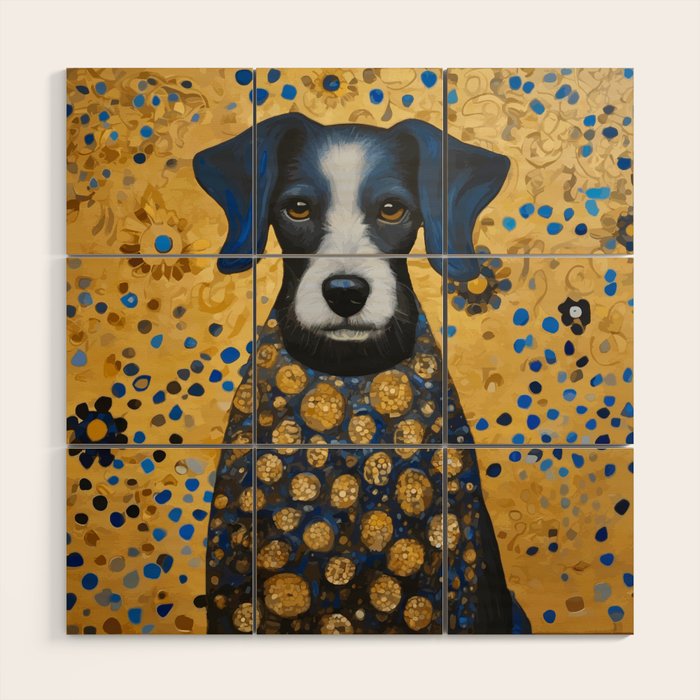 Gustav Klimt Style Dog with Blue and Gold Floral Patterns Wood Wall Art Gallery Image 1