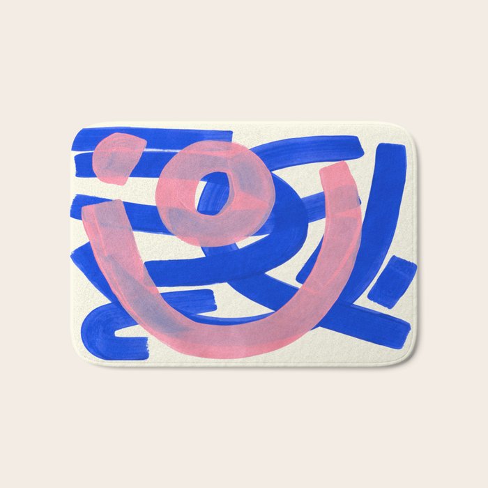 Tribal Pink Blue Fun Colorful Mid Century Modern Abstract Painting Shapes Pattern Bath Mat Gallery Image 1