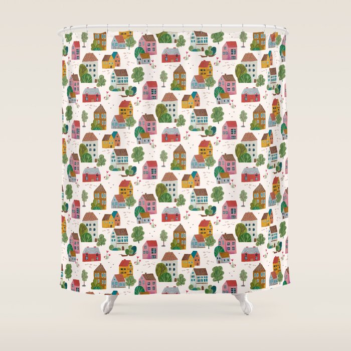Cozy Village House Pattern Shower Curtain Gallery Image 1