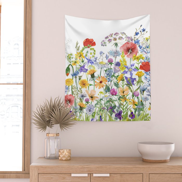 Colorful Midsummer Scandinavian Wildflowers Meadow  Wall Tapestry Gallery Image 2