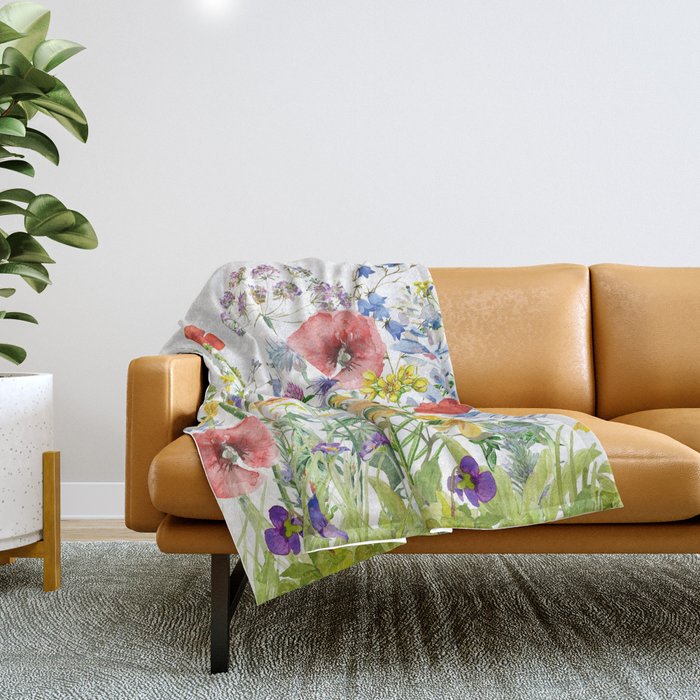 Colorful Midsummer Scandinavian Wildflowers Meadow  Throw Blanket Gallery Image 1