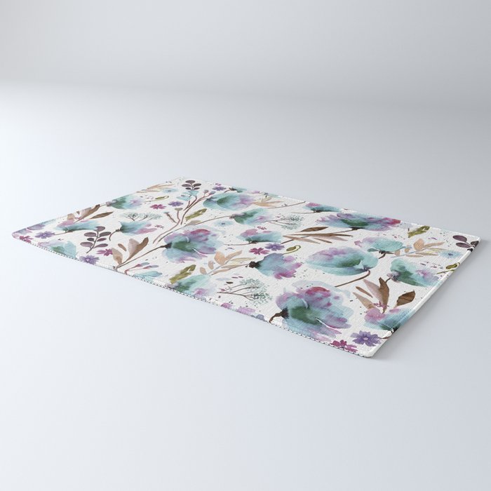 Poppies Loose Floral Watercolor - Meadow Wildflowers - Aqua Plum  Rug Gallery Image 3