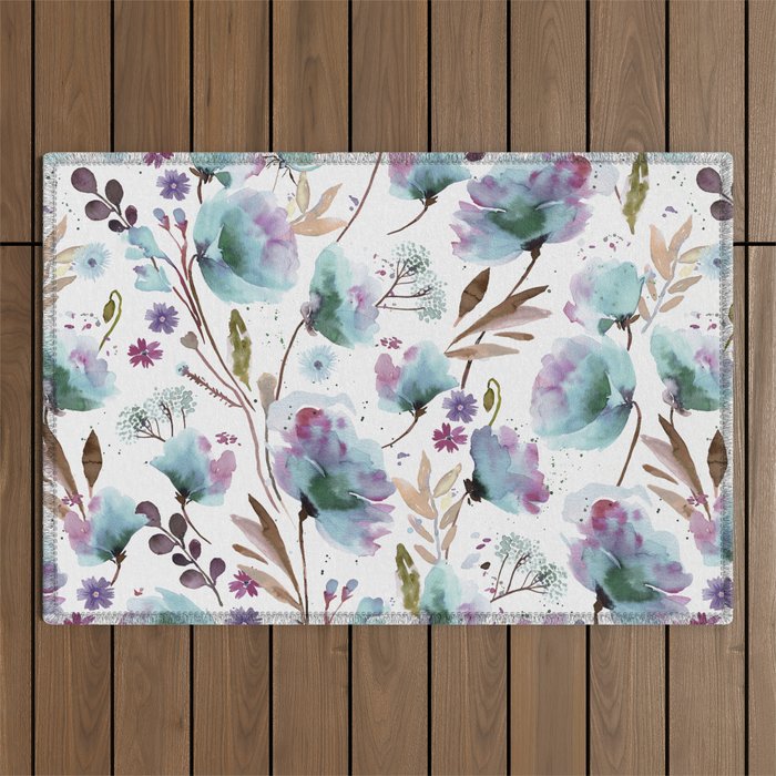 Poppies Loose Floral Watercolor - Meadow Wildflowers - Aqua Plum  Outdoor Rug Gallery Image 1