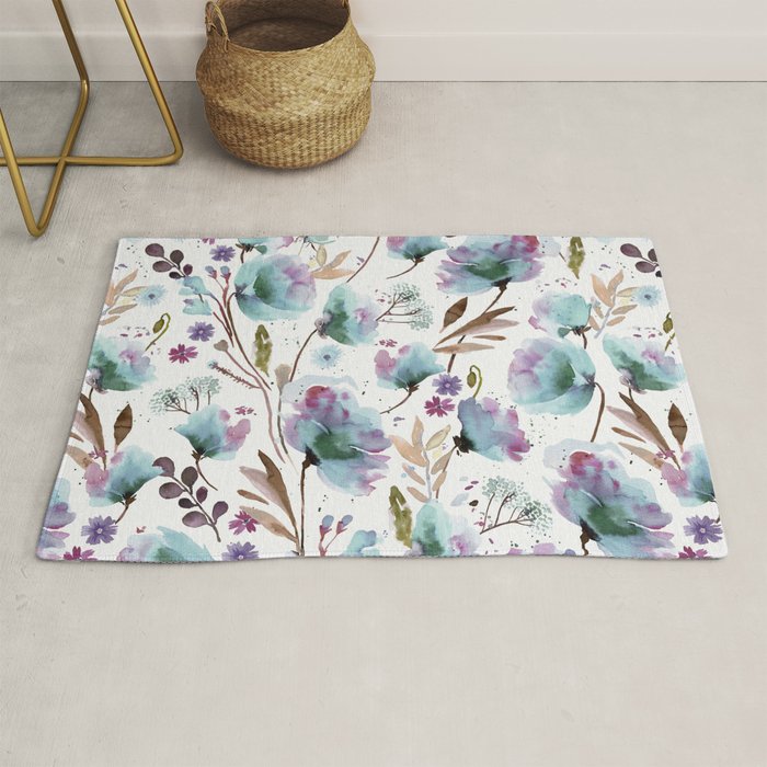 Poppies Loose Floral Watercolor - Meadow Wildflowers - Aqua Plum  Rug Gallery Image 1