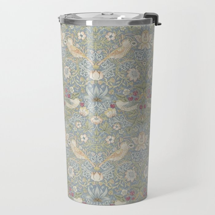 William Morris Vintage Strawberry Thief Blue Slate Vellum Travel Mug Gallery Image 2