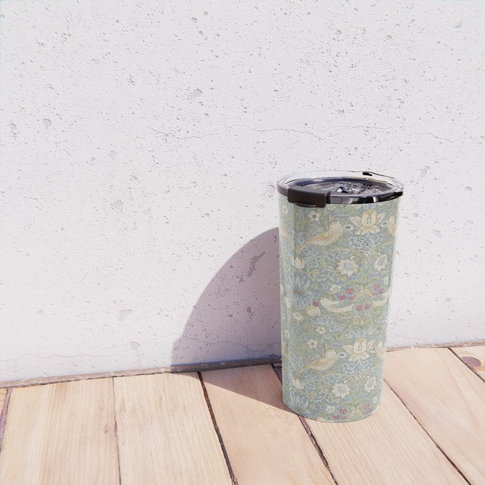 William Morris Vintage Strawberry Thief Blue Slate Vellum Travel Mug Gallery Image 4