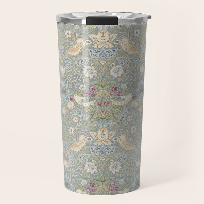 William Morris Vintage Strawberry Thief Blue Slate Vellum Travel Mug Gallery Image 1