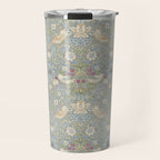 William Morris Vintage Strawberry Thief Blue Slate Vellum Travel Mug Gallery Image 1