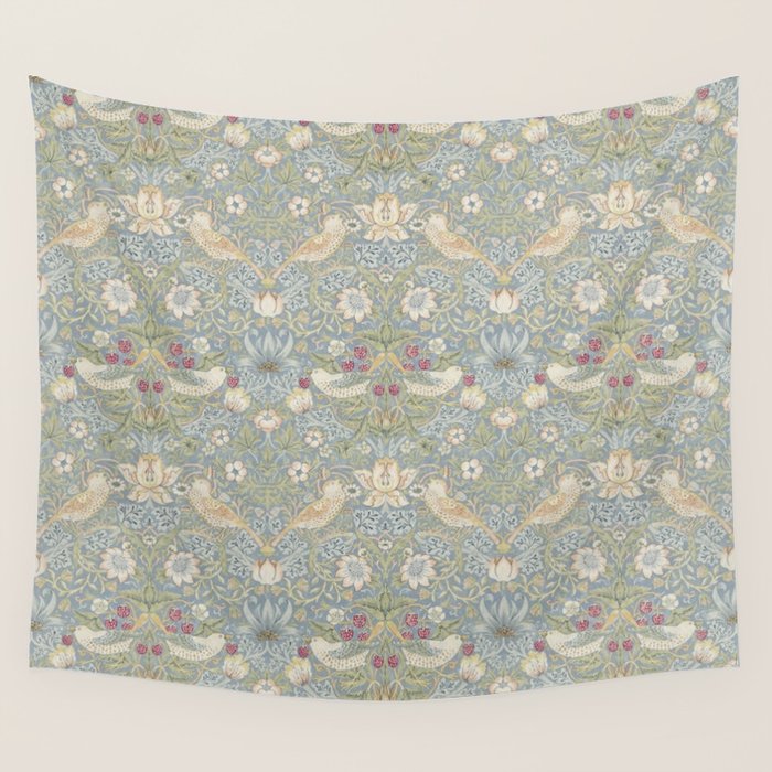 William Morris Vintage Strawberry Thief Blue Slate Vellum Wall Tapestry Gallery Image 1