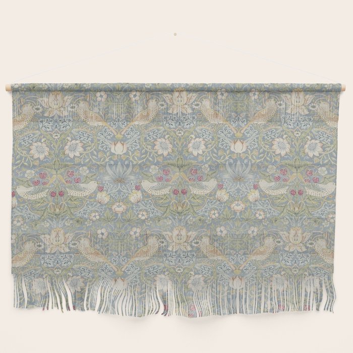 William Morris Vintage Strawberry Thief Blue Slate Vellum Wall Hanging Gallery Image 1