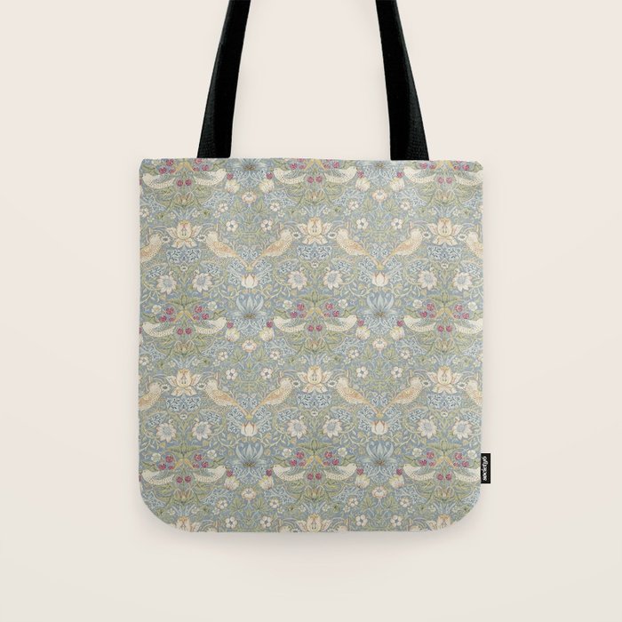 William Morris Vintage Strawberry Thief Blue Slate Vellum Tote Bag Gallery Image 1