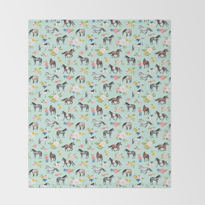 Horse and Flower Print, Mint Blue, Pink flowers, Equestrian, Spring Floral Throw Blanket Gallery Image 2