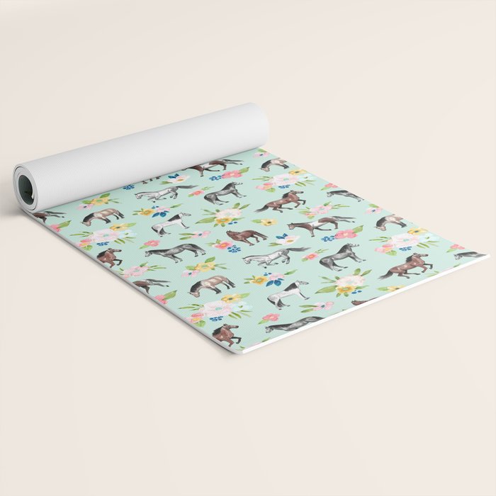 Horse and Flower Print, Mint Blue, Pink flowers, Equestrian, Spring Floral Yoga Mat Gallery Image 2
