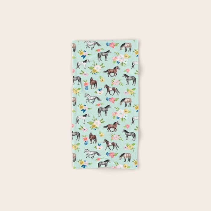 Horse and Flower Print, Mint Blue, Pink flowers, Equestrian, Spring Floral Bath Towel Gallery Image 1