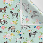 Horse and Flower Print, Mint Blue, Pink flowers, Equestrian, Spring Floral Wall Tapestry Gallery Image 3