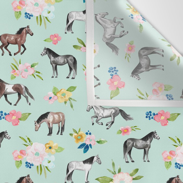Horse and Flower Print, Mint Blue, Pink flowers, Equestrian, Spring Floral Wall Tapestry Gallery Image 3