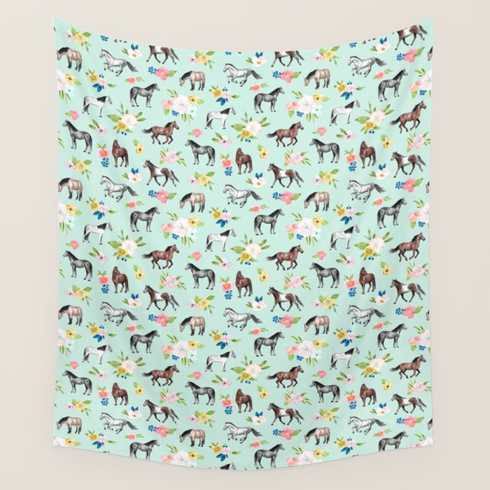Horse and Flower Print, Mint Blue, Pink flowers, Equestrian, Spring Floral Wall Tapestry Gallery Image 1
