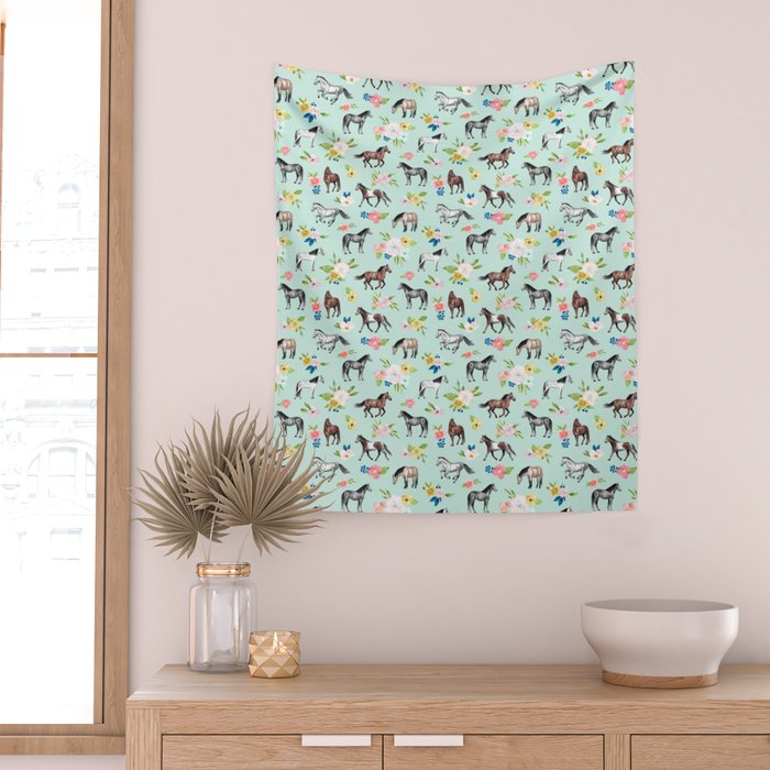 Horse and Flower Print, Mint Blue, Pink flowers, Equestrian, Spring Floral Wall Tapestry Gallery Image 2