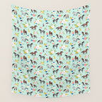 Horse and Flower Print, Mint Blue, Pink flowers, Equestrian, Spring Floral Wall Tapestry Gallery Image 4