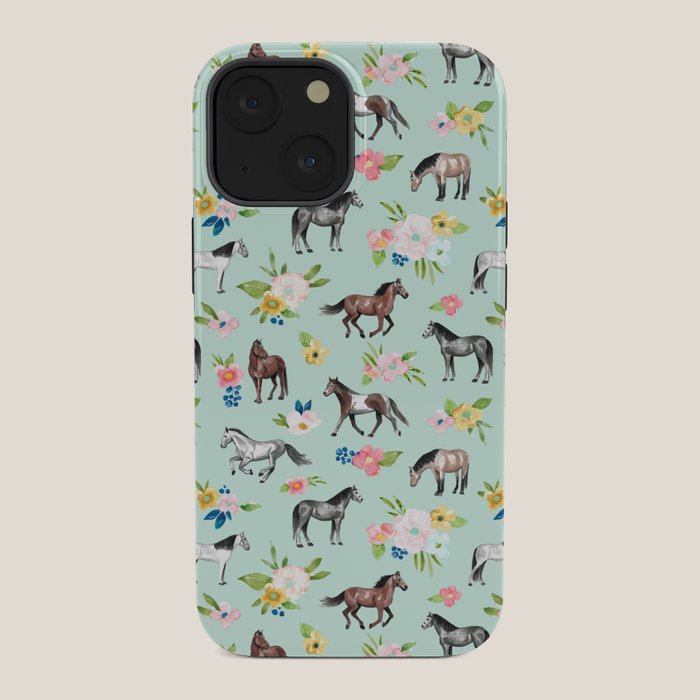 Horse and Flower Print, Mint Blue, Pink flowers, Equestrian, Spring Floral iPhone Case Gallery Image 34