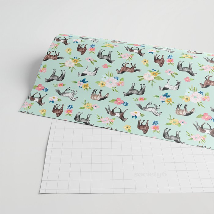 Horse and Flower Print, Mint Blue, Pink flowers, Equestrian, Spring Floral Wrapping Paper Gallery Image 2