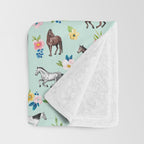 Horse and Flower Print, Mint Blue, Pink flowers, Equestrian, Spring Floral Throw Blanket Gallery Image 3