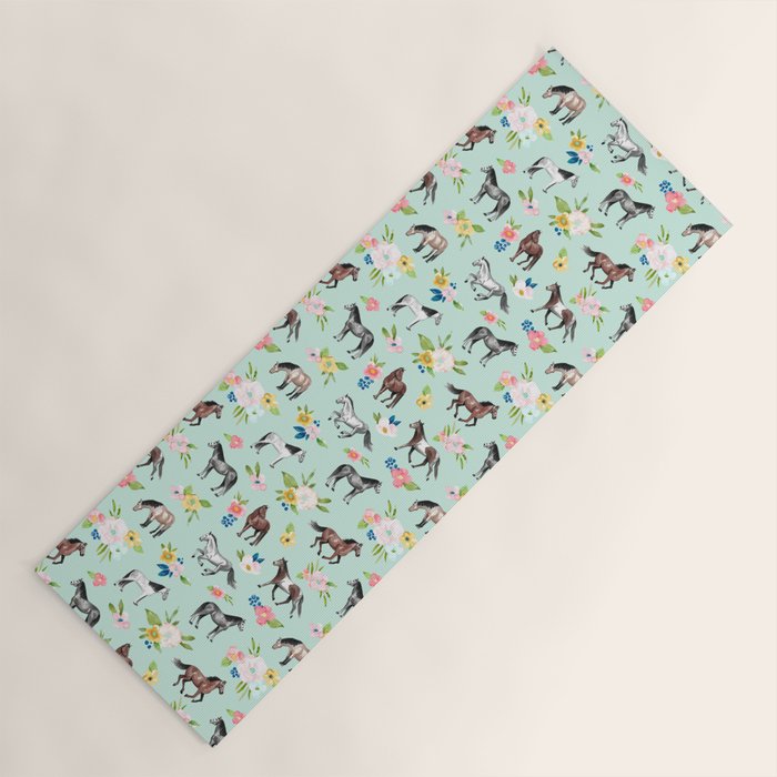 Horse and Flower Print, Mint Blue, Pink flowers, Equestrian, Spring Floral Yoga Mat Gallery Image 1