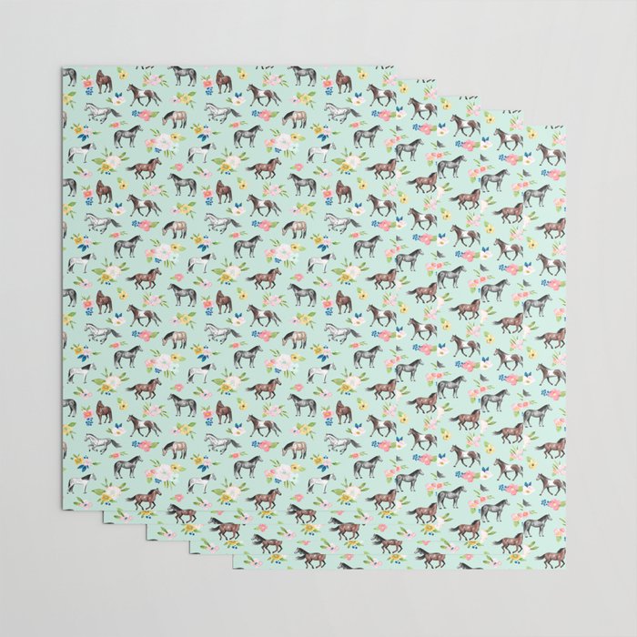 Horse and Flower Print, Mint Blue, Pink flowers, Equestrian, Spring Floral Wrapping Paper Gallery Image 3