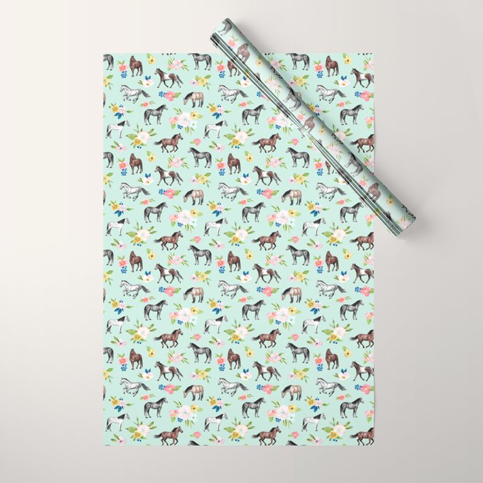 Horse and Flower Print, Mint Blue, Pink flowers, Equestrian, Spring Floral Wrapping Paper Gallery Image 1