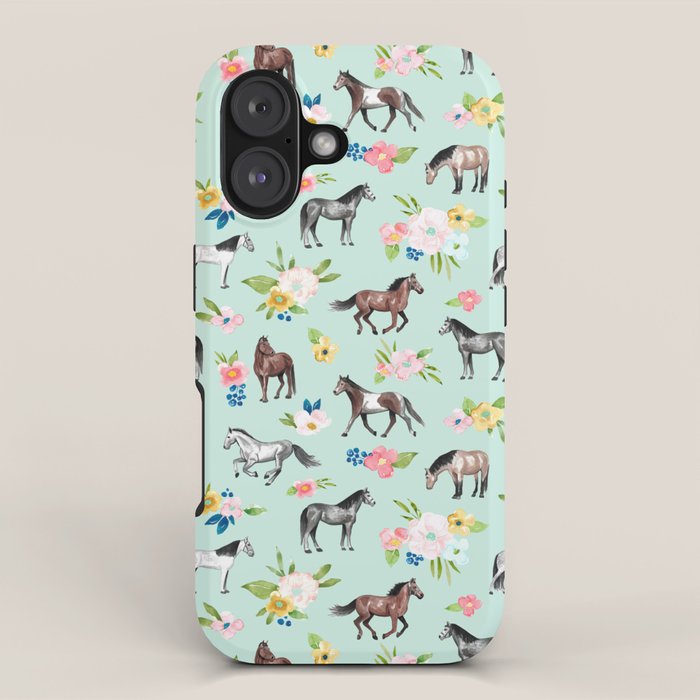 Horse and Flower Print, Mint Blue, Pink flowers, Equestrian, Spring Floral iPhone Case Gallery Image 1