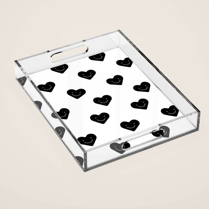 Black and white love heart doodle pattern Acrylic Tray Gallery Image 1