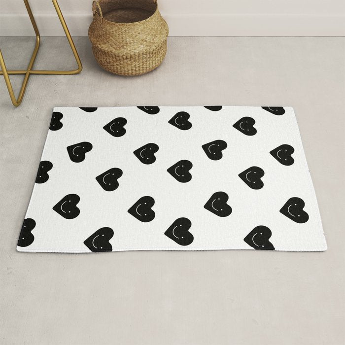 Black and white love heart doodle pattern Rug Gallery Image 1